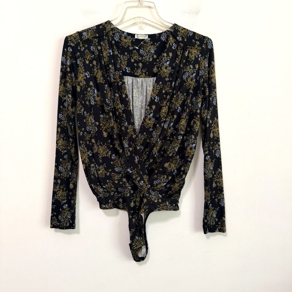 Free People Bodysuit XS Black Turnt Floral Long Sleeve Boho V Neck Long Sleeve